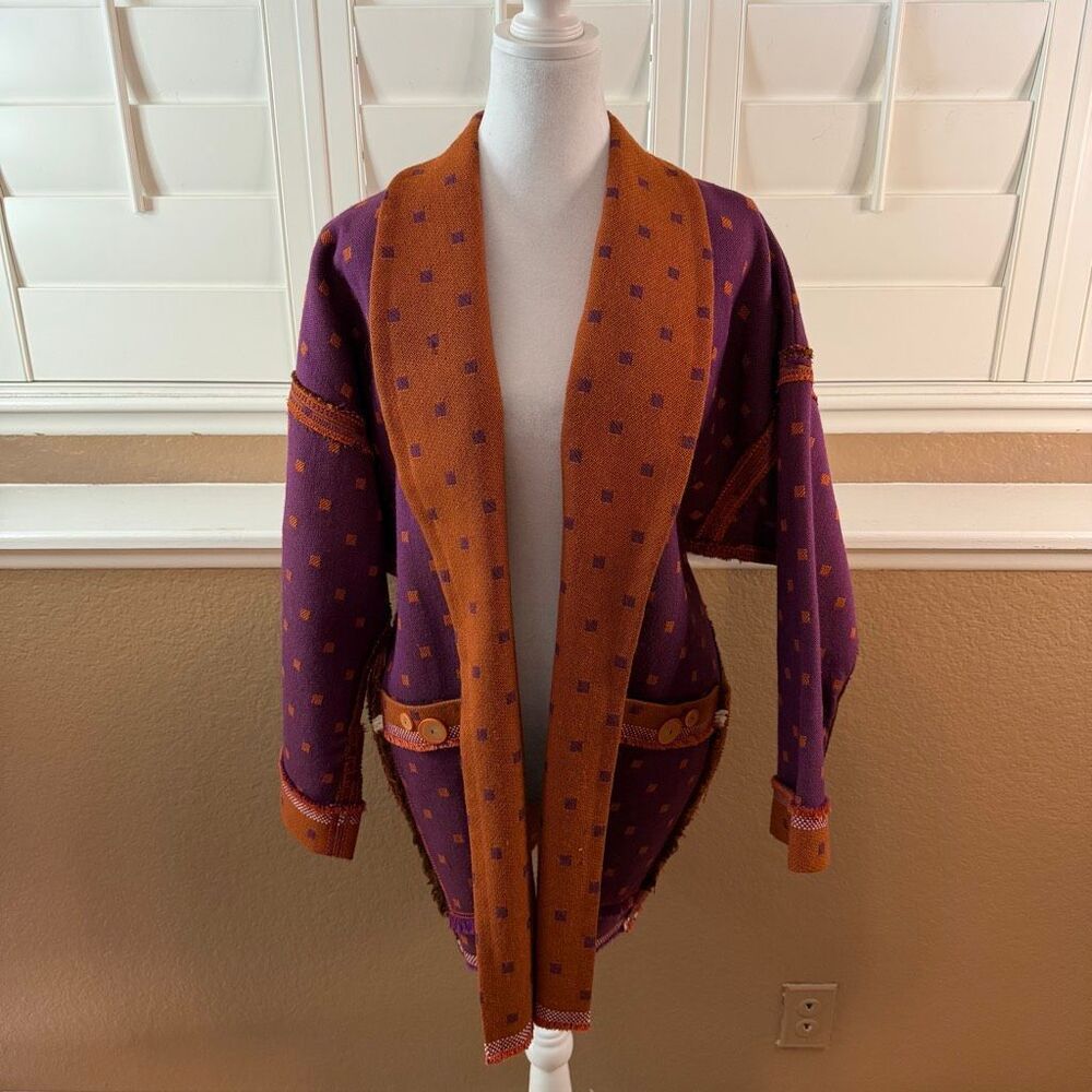 Vintage South American Handwoven Purple Rust Tapestry Jacket Blanket Boho Aztec